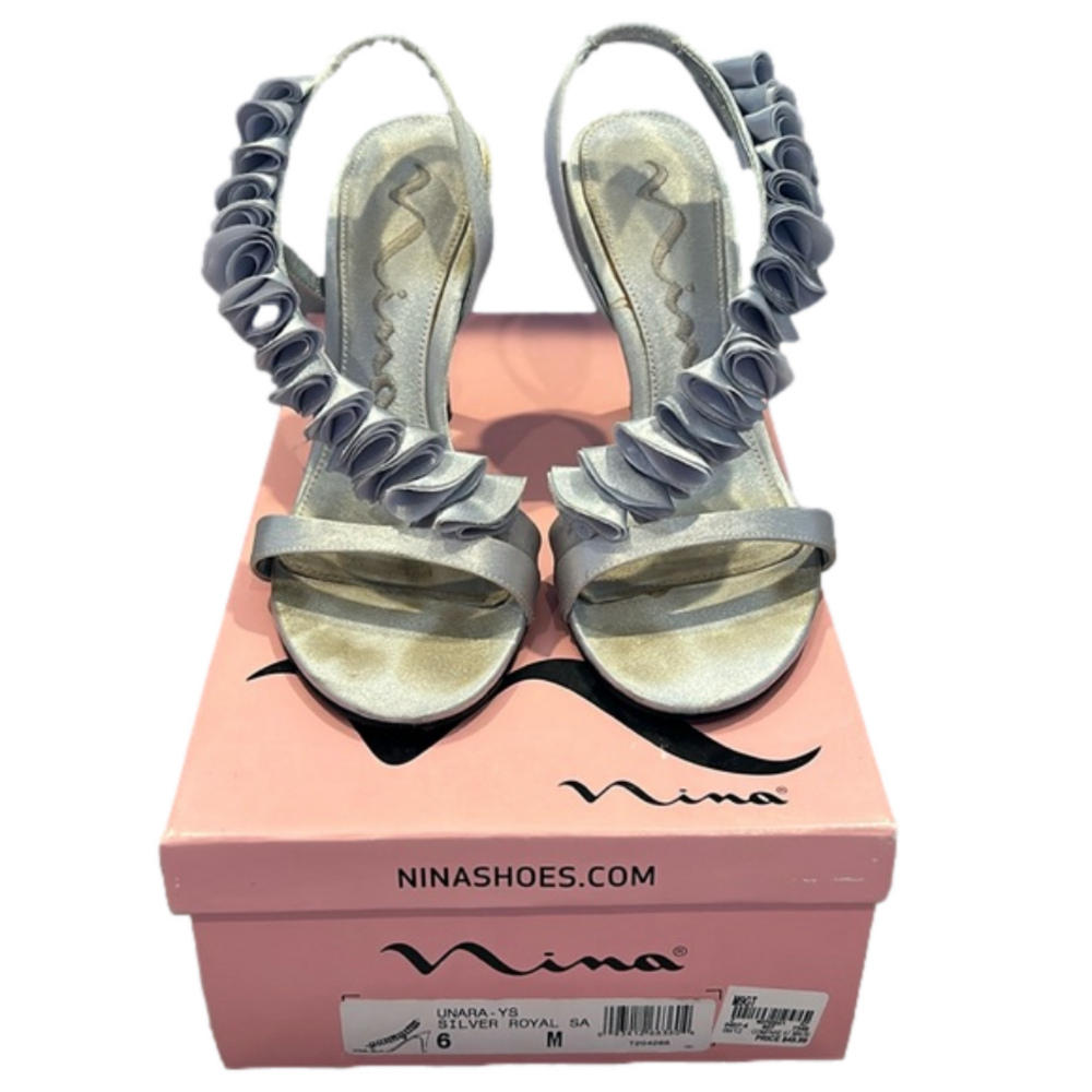 Nina Silver Satin Ulexa Ruffle Open Toe Open Heel High Heels Size 6
